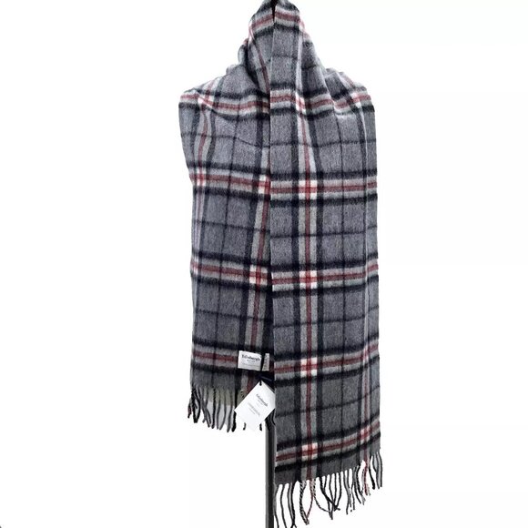 NWT Edinburgh Lambswool Tartan Scarf Thomson Grey Gray 70" Fringed Preppy Plaid - Picture 1 of 10
